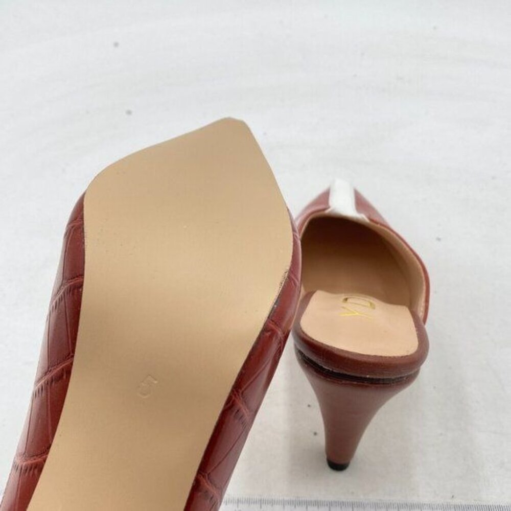 YDN Brown Serpentine Cone Heel Pointed Toe Mules Slip on V Cut Leather Shoes - Picture 6 of 8